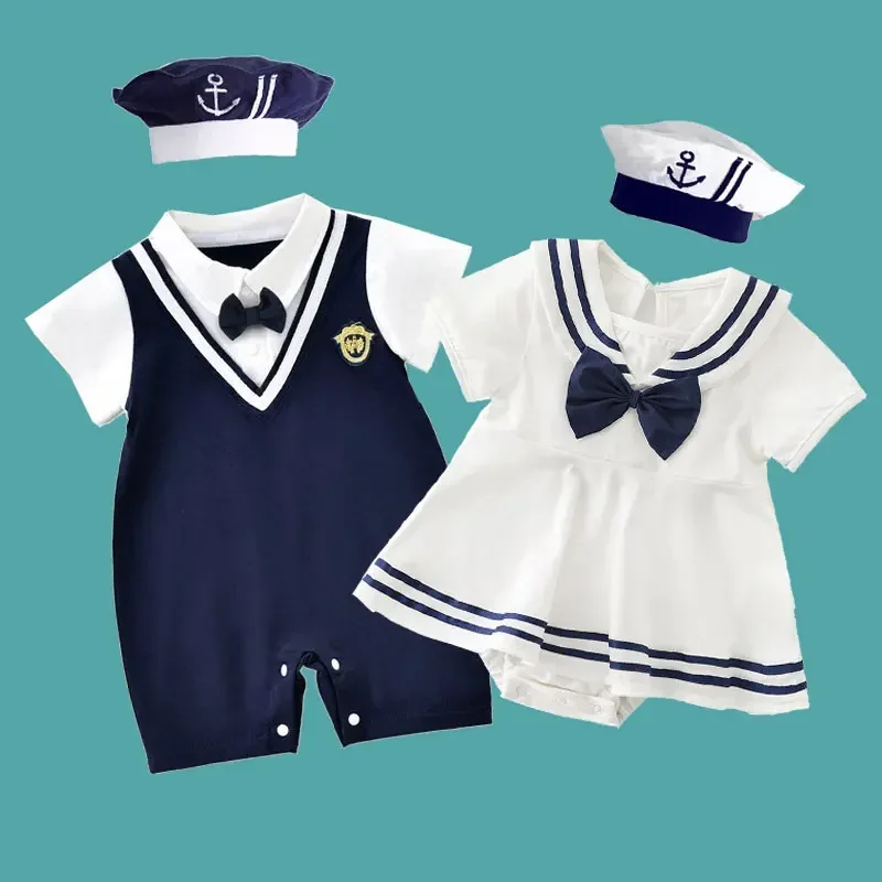 Baby Rompers Baby Jumpsuit Cotton Jumpsuit Baby Clothing Sister and Brother Matching Boy Girl Sailor Costume Romper Navy Bodaysuit Toddler Girls Sailor Theme Dress Photoshoot Outfit