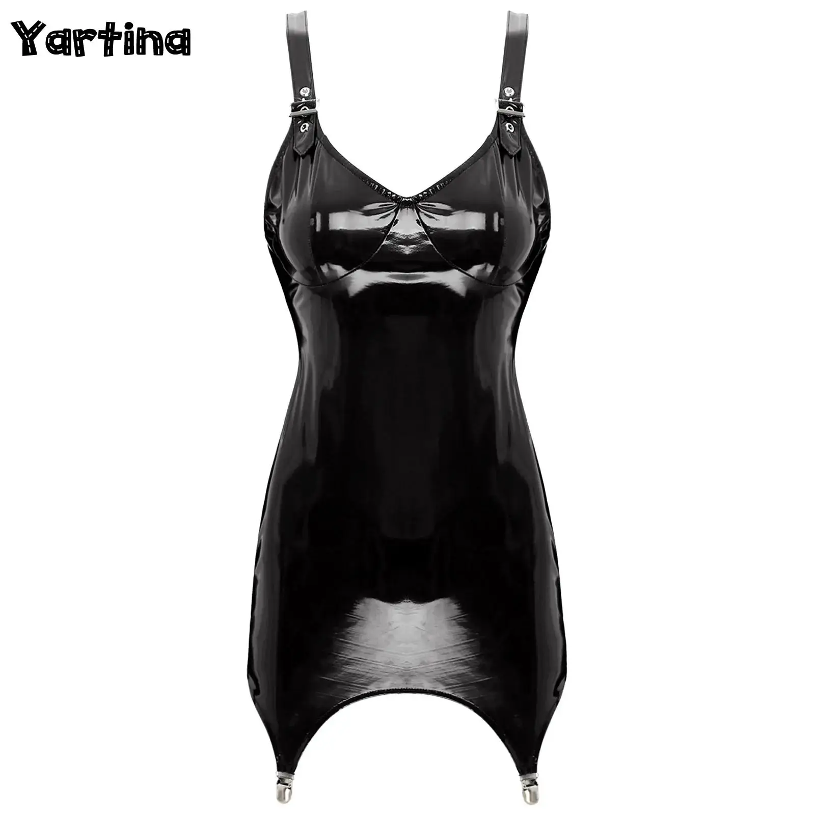 Womens Latex Bodycon Tight Mini Dress Rave Clubwear Back Zipper Glossy Patent Leather Bodycon Short Dress with Garter Clips