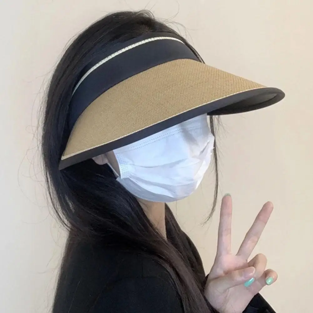 Summer Women Straw Hat Foldable Sun-proof Hat Fashionable Casual Large Brim Black Rubber Sunshade Hat Travel Cycling Sun Hat 5
