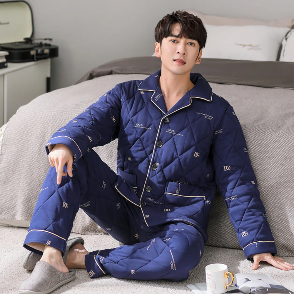 3-layer Thicken Men's Winter Pajamas 100% Cotton Sleepwear for Sleeping Warm Flannel Pajama Sets Luxury Plaid pijama hombre 3XL