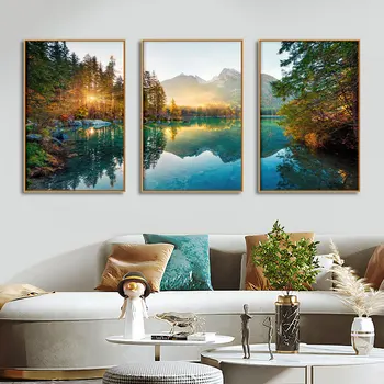 3PCS Nature Sunshine Forest Lake Poster Print Wall Art Landscape Pictures 1