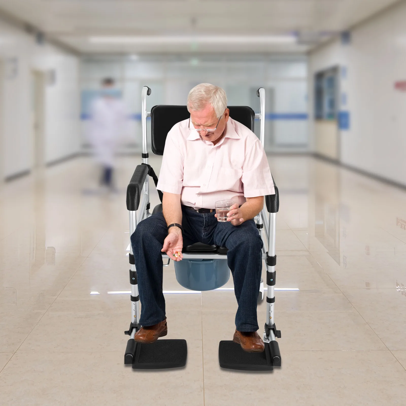 Shower Chair Rolling Commode Seat for Toilet with Arms, Adjustable Height Folding Bath Wheelchair for Elderly, Disabled, Injured 3