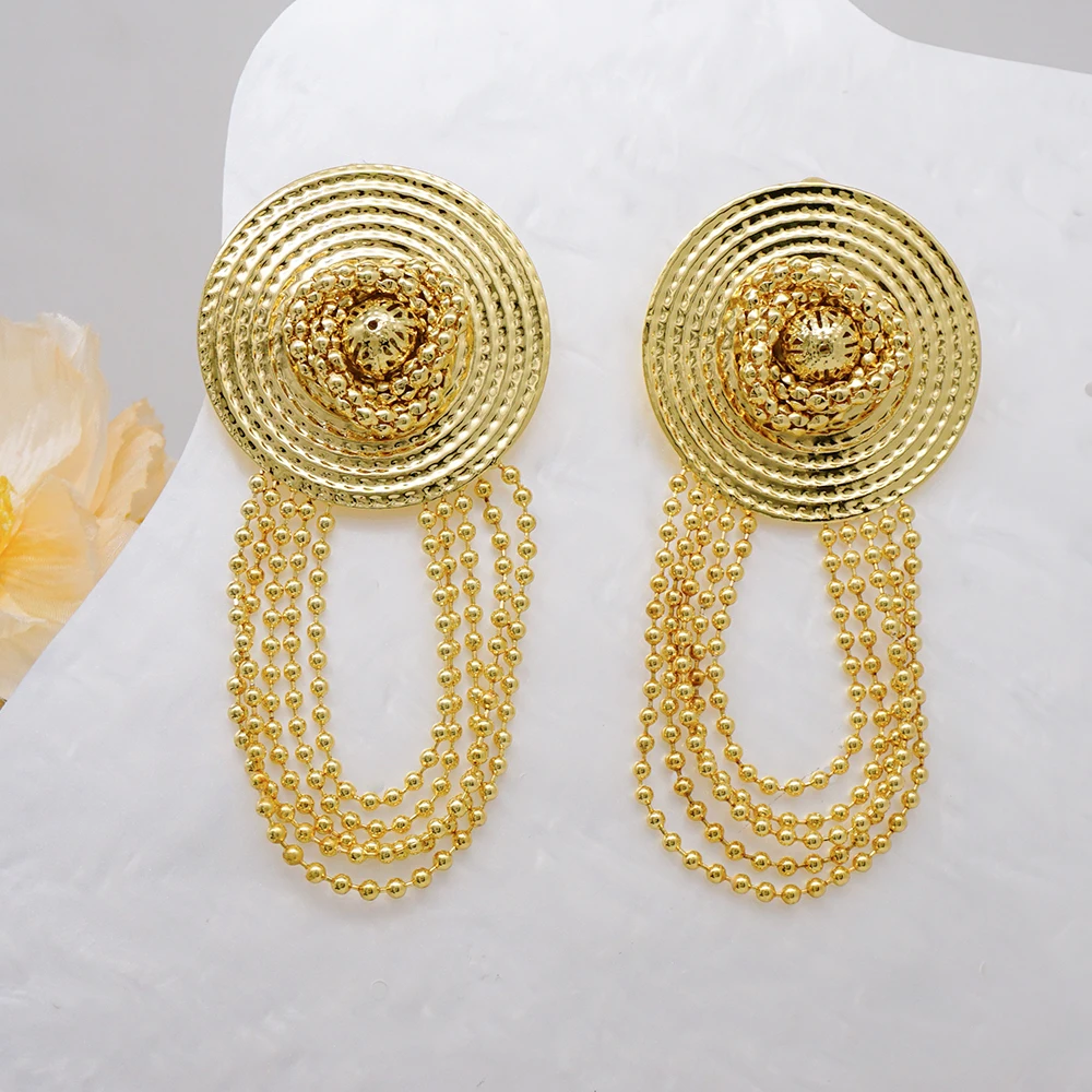 Fashion Gold Color Round Earrings Bohemian Tassel Earrings African Long Hanging Earrings Exaggerated Big Earrings Charm Jewelry