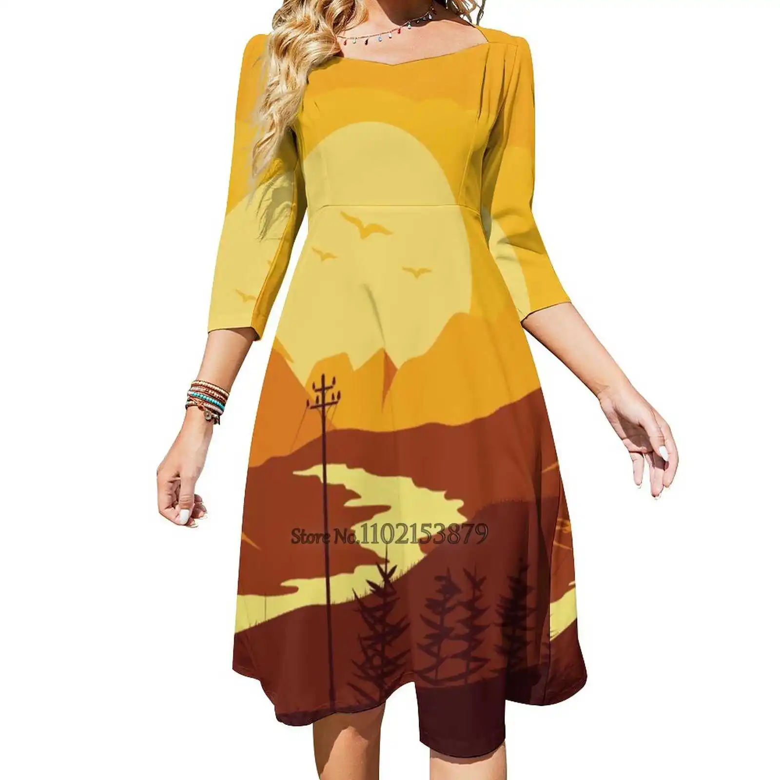 Far Sight ( Mountains River & Amp ; Orange Sky) Abito Senza Schienale Con Allacciatura Sul Retro Abito Quadrato Nuovo Plus Size Elegante Da Donna