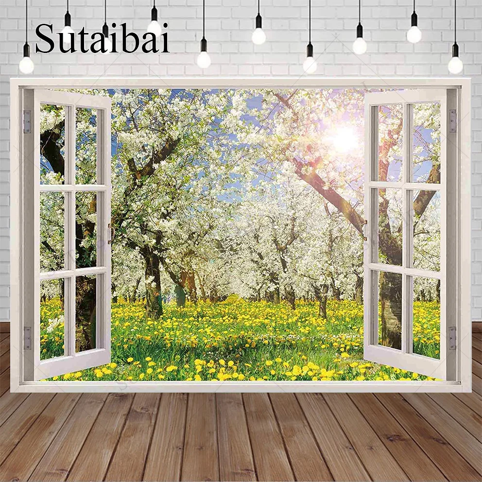 

Spring Scenery Window Outside Background of Photography Sunshine Flowers Green Lawn Deco Room Family Portrait Banner Booth Props