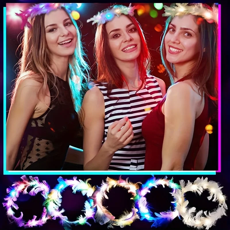LED Feather Wreath Crown Headband Light Up Luminous Headdress 10pcs Parties Festivals