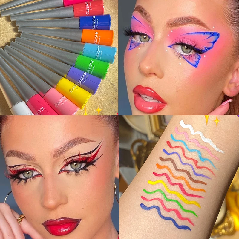 

Неоновая жидкая подводка для глаз, карандаш, водостойкая быстросохнущая подводка для глаз, цветная, синяя, зеленая, желтая, белая, 12 цветов, Косметика для макияжа глаз