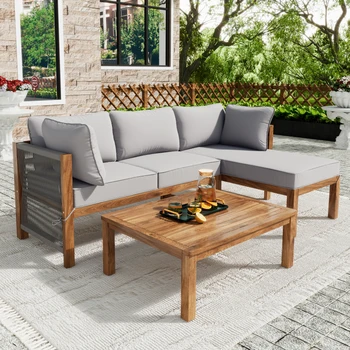 Set poltrona da giardino (3 pezzi), struttura in acacia, braccioli in corda grigia, set di mobili da giardino a forma di L con gambe regolabili 1