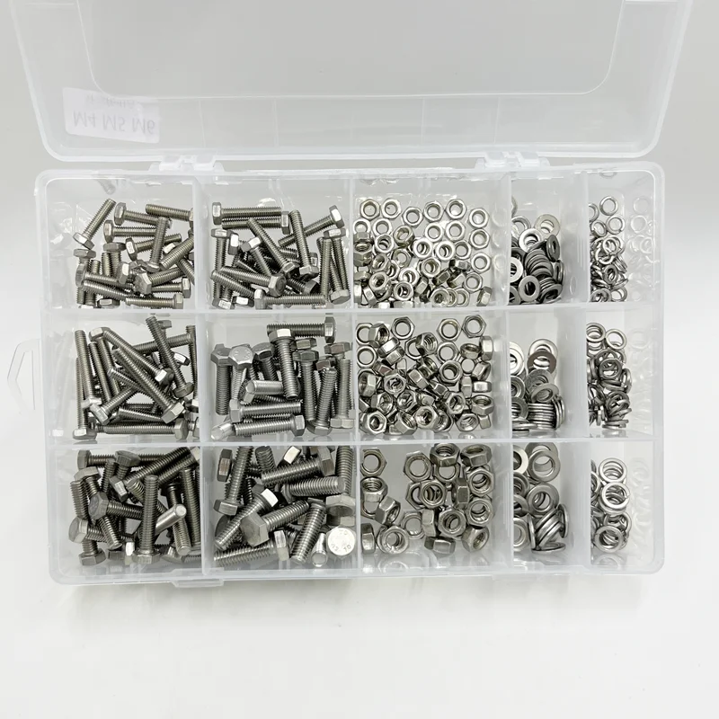 304 Stainless Steel Hexagon Screw Nut Flat Washer Spring Washer Gasket Bolt M3 M4 M5 M6 External Hex Bolt Set with Nut Bicycle