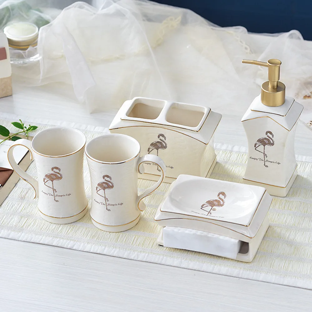 

Bathroom Soap Dish Liquid Soap Dispensers Paper Holder Toothbrush Cup European Style Ceramic Bathroom Hardware Kit Accessories