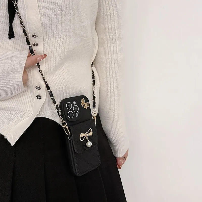 Pearl Bow Rope Chain Wallet Phone Case Cover