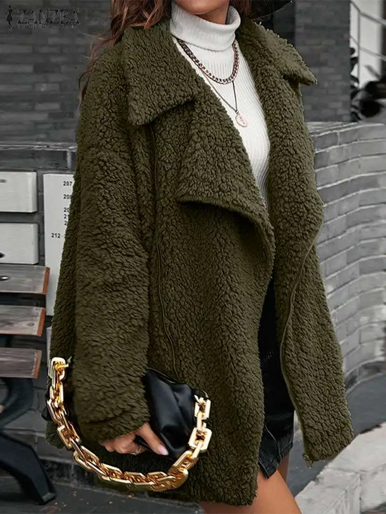 Cabolsas de Pelúcia Primavera Outono Velo Lapela Jaquetas Zanzea Oversized Manga Longa Outwear Casual Irregular Zíper Cardigans Feminino 2022 12 Computers & Electronics