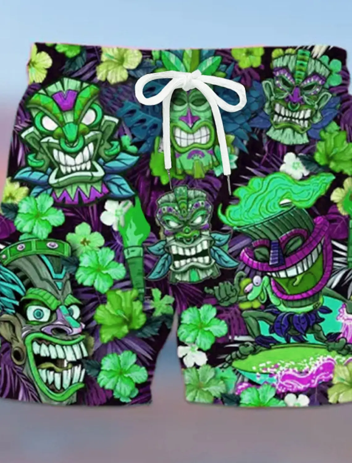 thumbnail image 1 of Pantalones cortos de tabla para hombre con estampados 3D de gráficos Tiki, pantalones cortos con cordón, pantalones cortos de secado rápido, pantalones cortos casuales de uso diario hawaianos bohemios, 1 of 5
