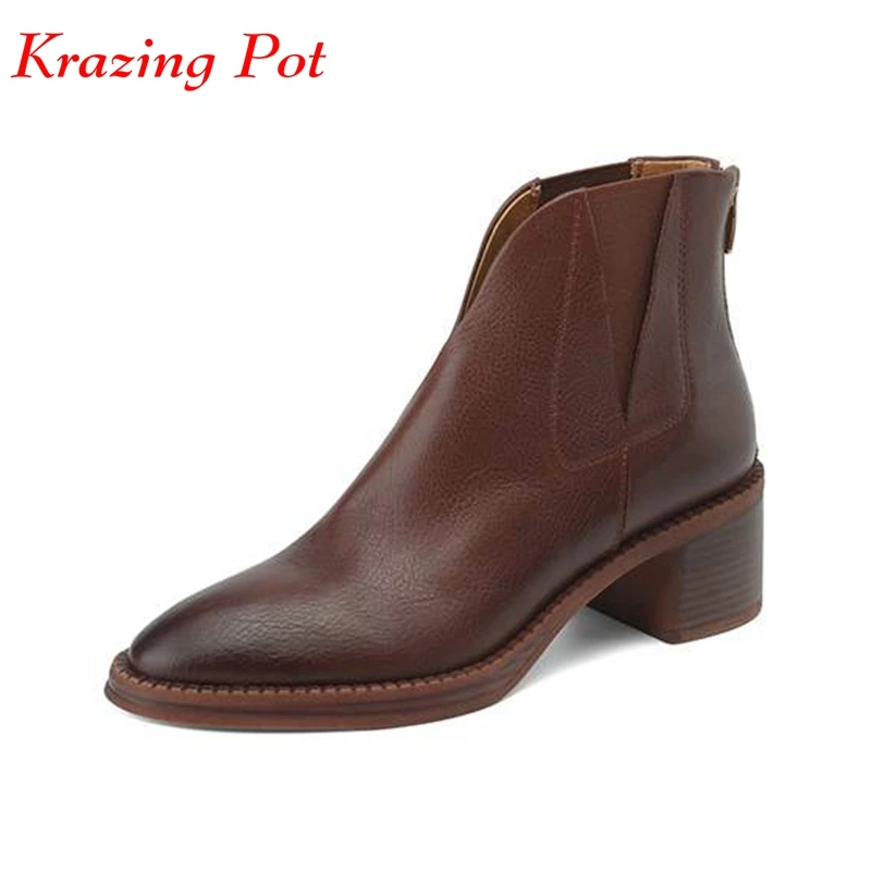 

Krazing Pot 2024 Cow Leather Round Toe Winter Warm Modern Boots Thick Med Heels Solid British School European Zipper Ankle Boots