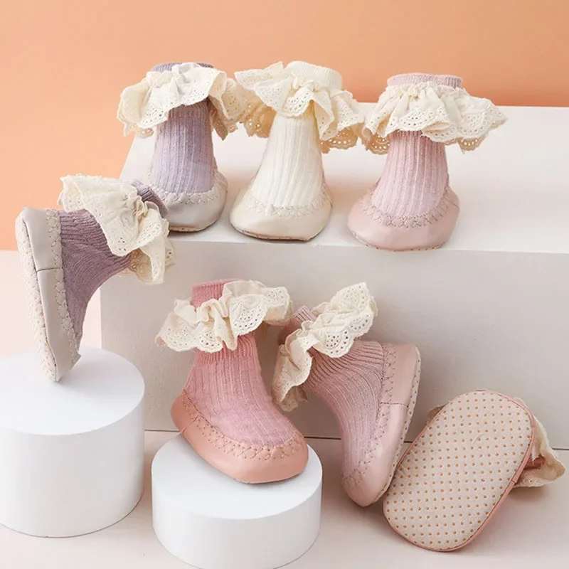 Baby Ruffle Socks with Rubber Soles Infant Autumn Children Floor Lace Flowers Anti Slip Soft Sole