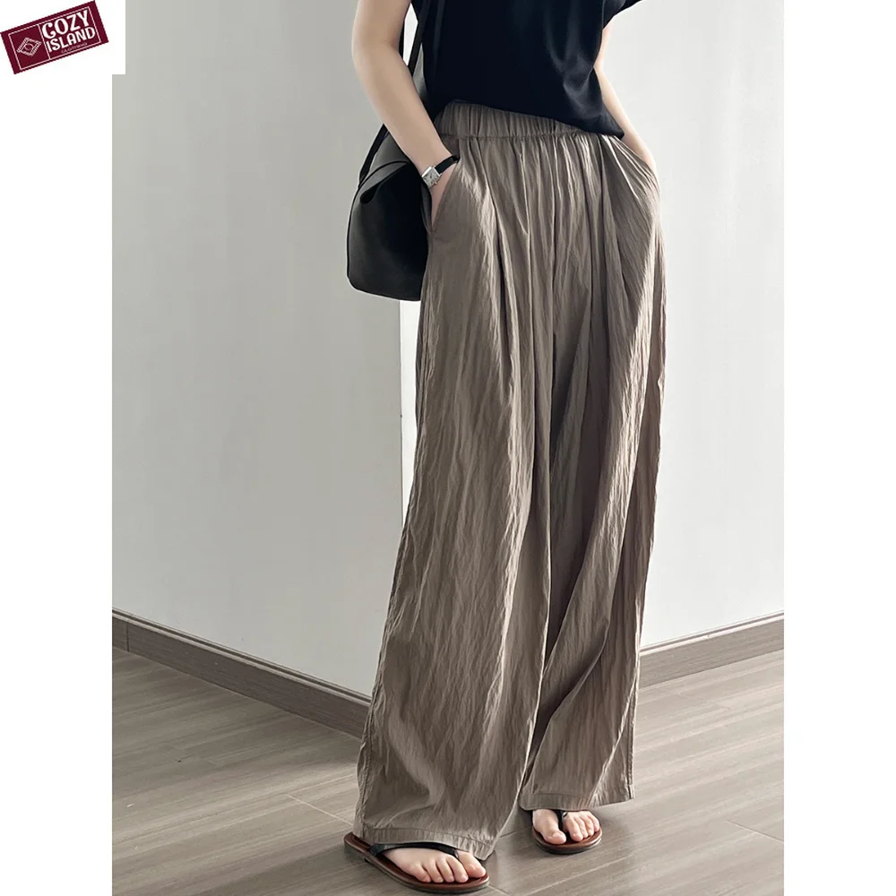 

Thin Pleated Casual Pants for Summer Women Viscose Straight Leg Trousers Japanese Lazy Drape Loose Wide Long High Waist Coffee