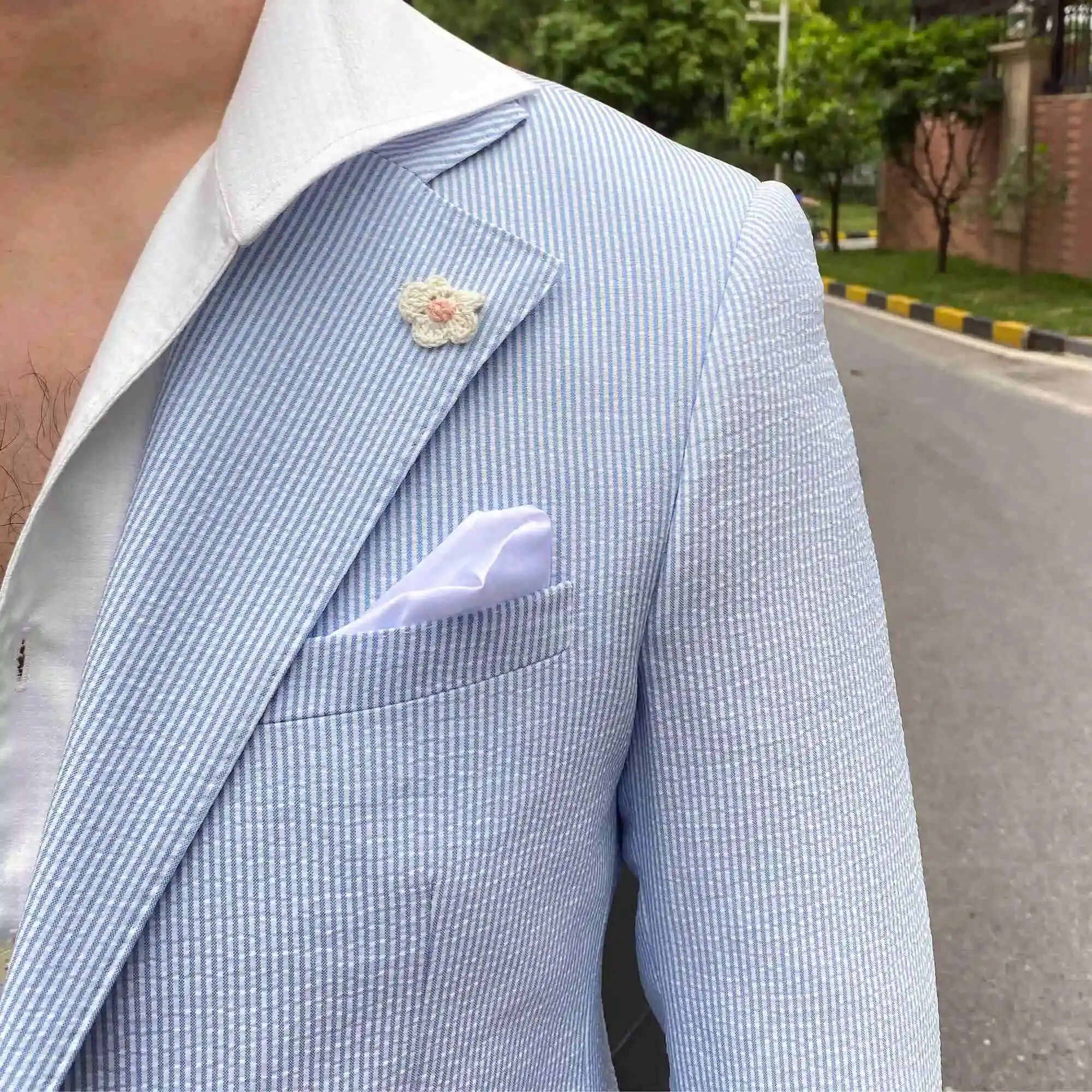 Summer Thin Men Leisure Blue Striped Seersucker Suit British Gentry Suit Men Business Tuxedos Slim Fit Groom