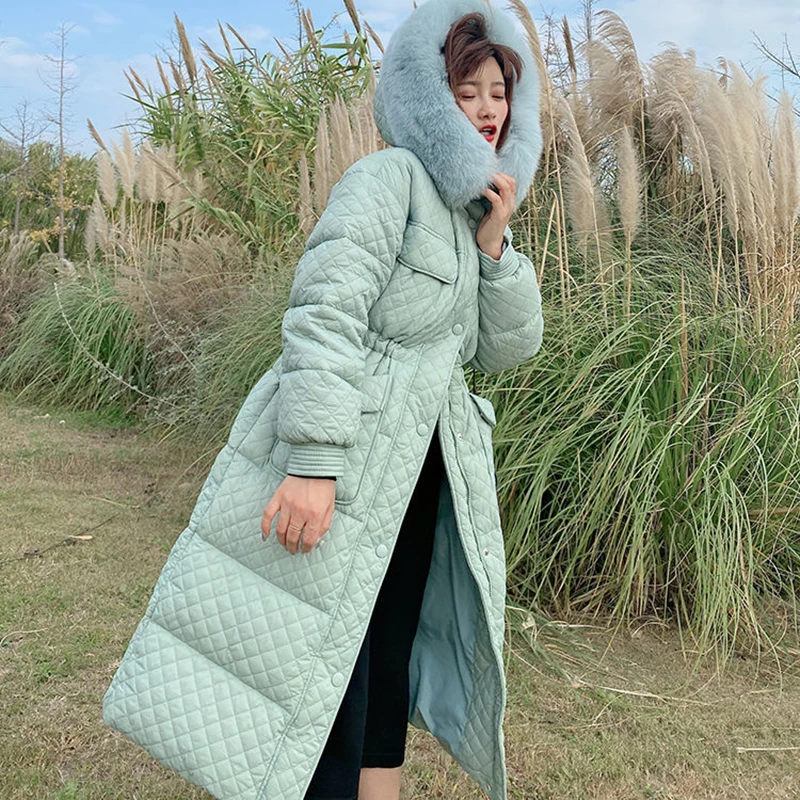 

Women's Big Fur Collar Parka Down Cotton Quilted Coat 2023 Winter Elegant Rhombus Thicken Warm Long Female Padded Jacket Outwear