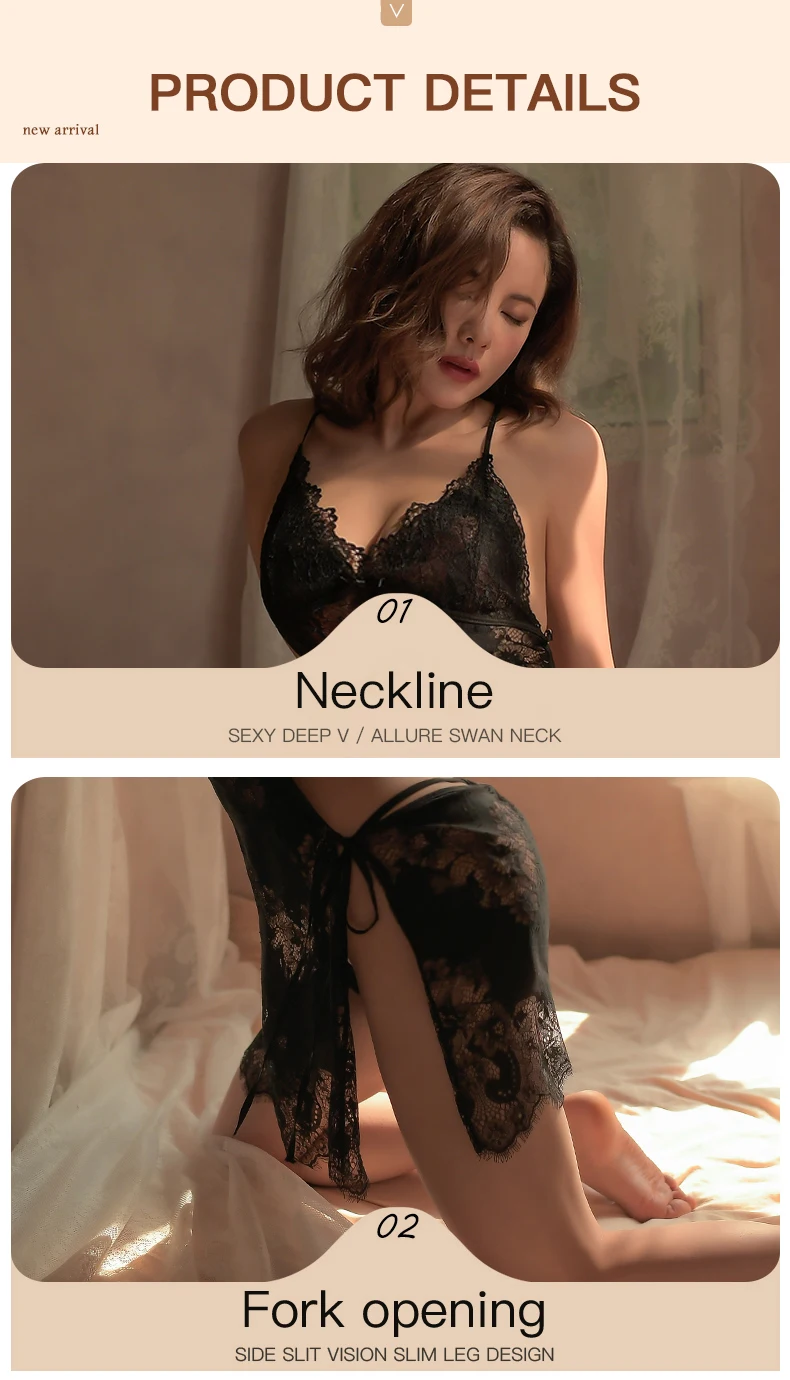 Sexy Nightgown Women Pajamas Lace Side Slip Patchwork Slim Sling Sleepwear Satin Exotic Dresses Sexy Lingerie
