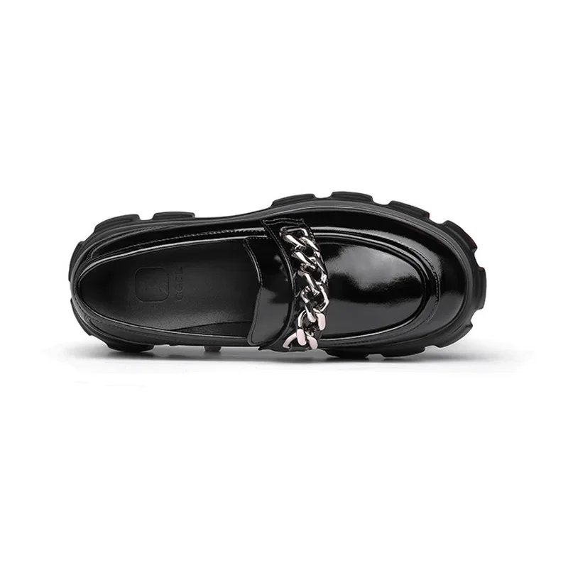 Gear Thick Sole Increasing Chain Glossy Genuine Leather Shoes Men Streetwear Fashion Business Casual Cowhide Loafers Shoes