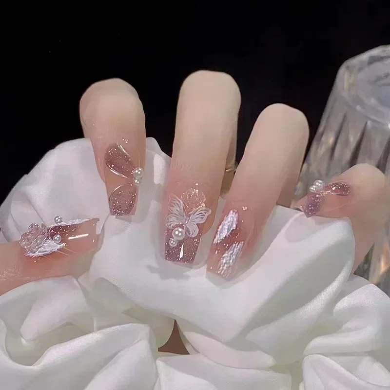 Ballerina Long Square Nail Tips False Nails Wearable Fake Nails Butterfly Camellia Flower Pearl Design Press on 24Pcs fake nails false nails nail tips false nail tips