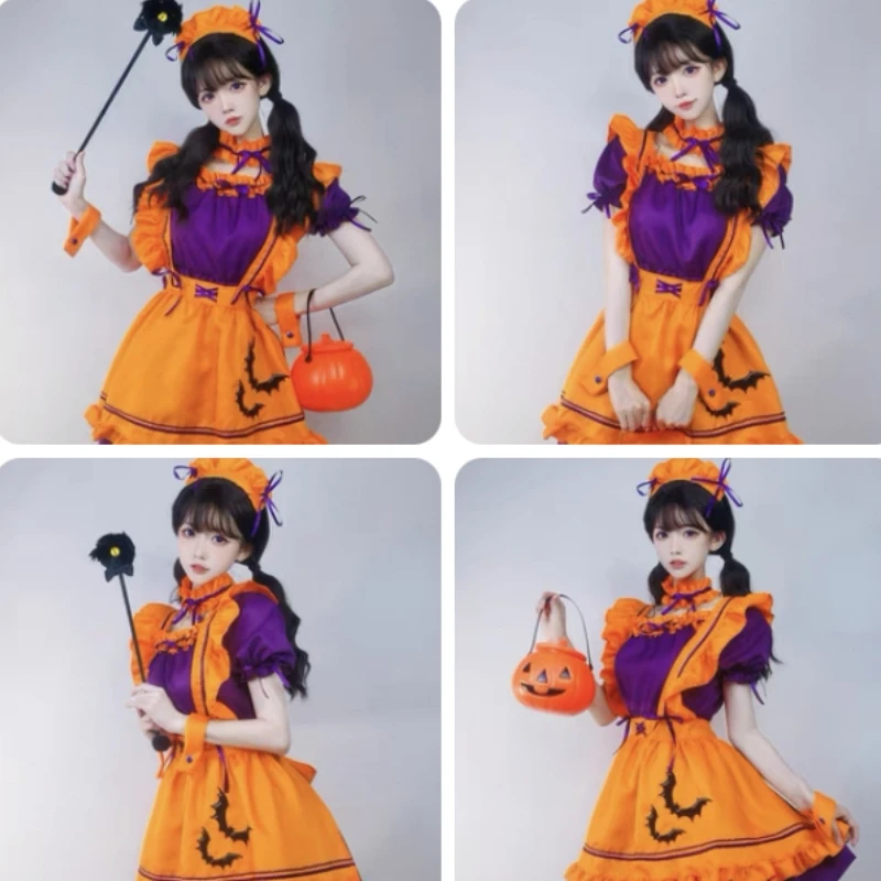 

Костюм для косплея на Хэллоуин с вышивкой, горничная, тыква, летучая мышь, Волшебная ведьма, кофейня, комикс, шоу, выступление, милая девушка, косплей костюм, косплей костюм