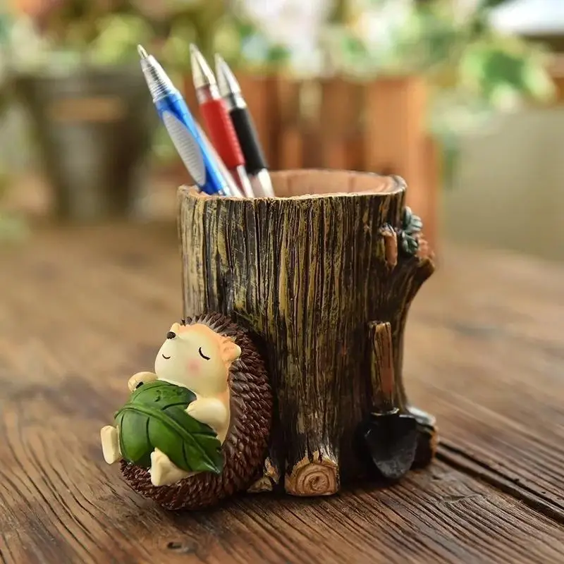 Creative Hedgehog Resin Pen Holder Cute Student Cartoon Pen Holder Office Study Desktop Pen Holder Ornament Desktop Decor Gift