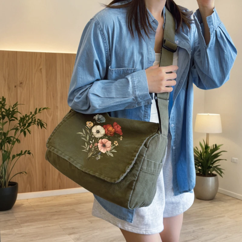 Artistic Printed Women's Shoulder Bag Large Capacity Canvas Zipper Tote Crossbody Bag Female Messenger Bag