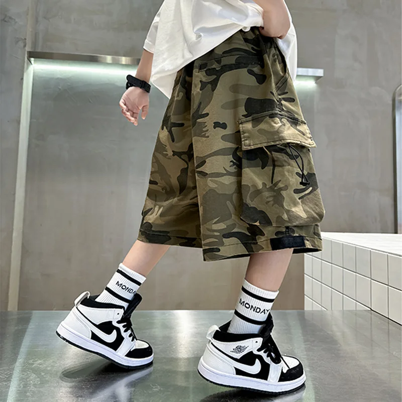 Summer New Tween Children Camouflage Cargo Shorts For Boys Teenager Casual Camo Shorts Fashion Kids Loose Capris Pants 5-14 Year
