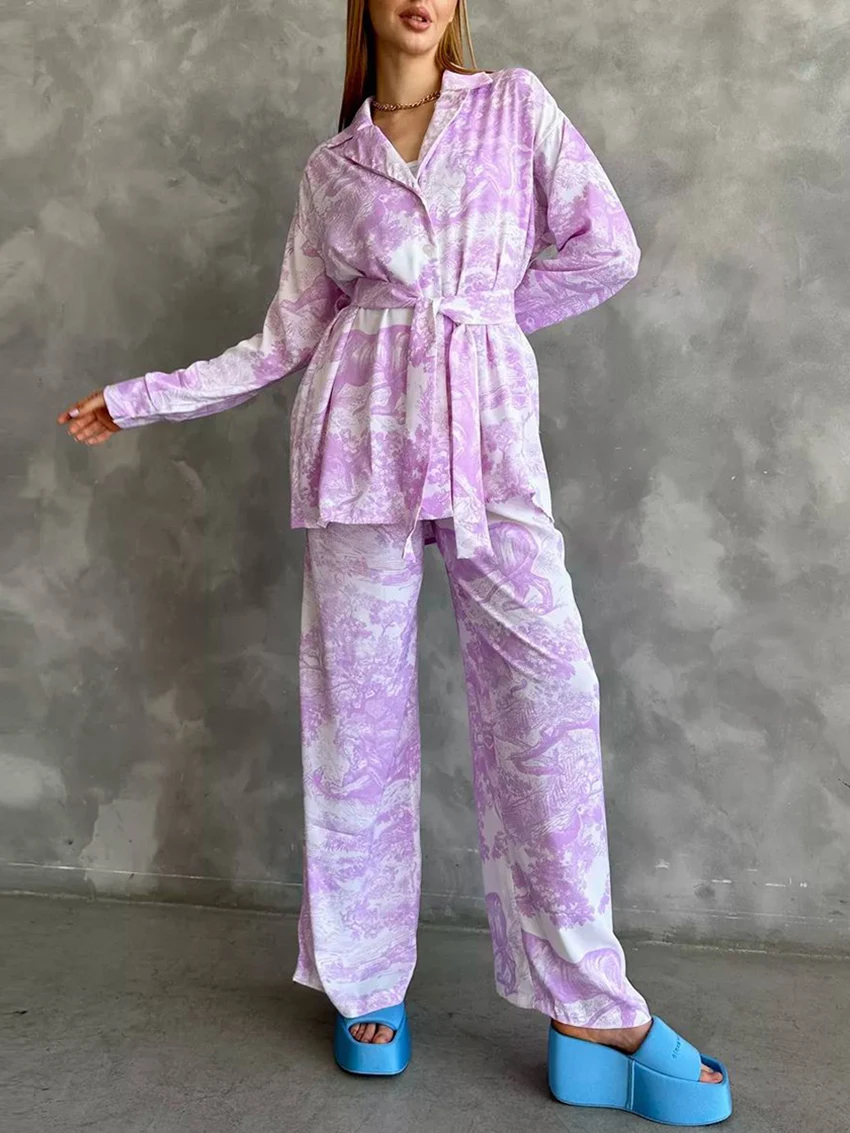 Marthaqiqi Casual Ladies Nightgowns Suit Long Sleeve Sleepwear Turn-Down Collar Nightwear Pants Loose Women Pajamas 2 Piece Set
