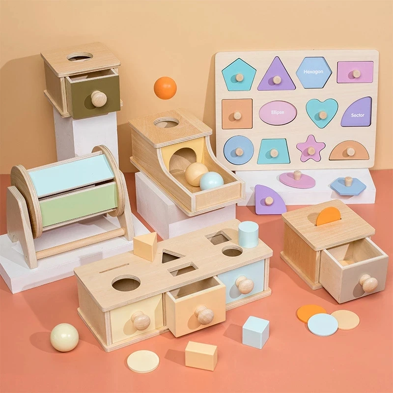 

Коробка Монтессори для игрушек, коробка для хранения вещей, цветных шаров, монет, текстильный барабан, ящик, геометрическое сочетание, Детская сенсорная игрушка