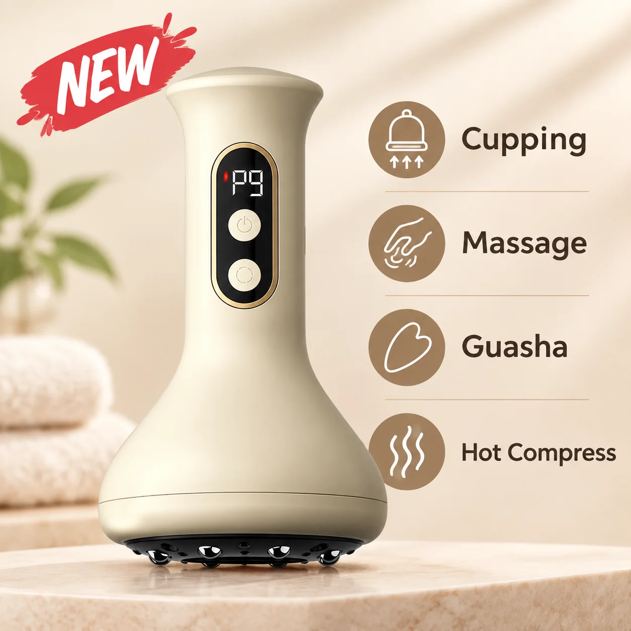 Rechargeable Handheld Massager with Adjustable Guasha Cupping and Hot Compress