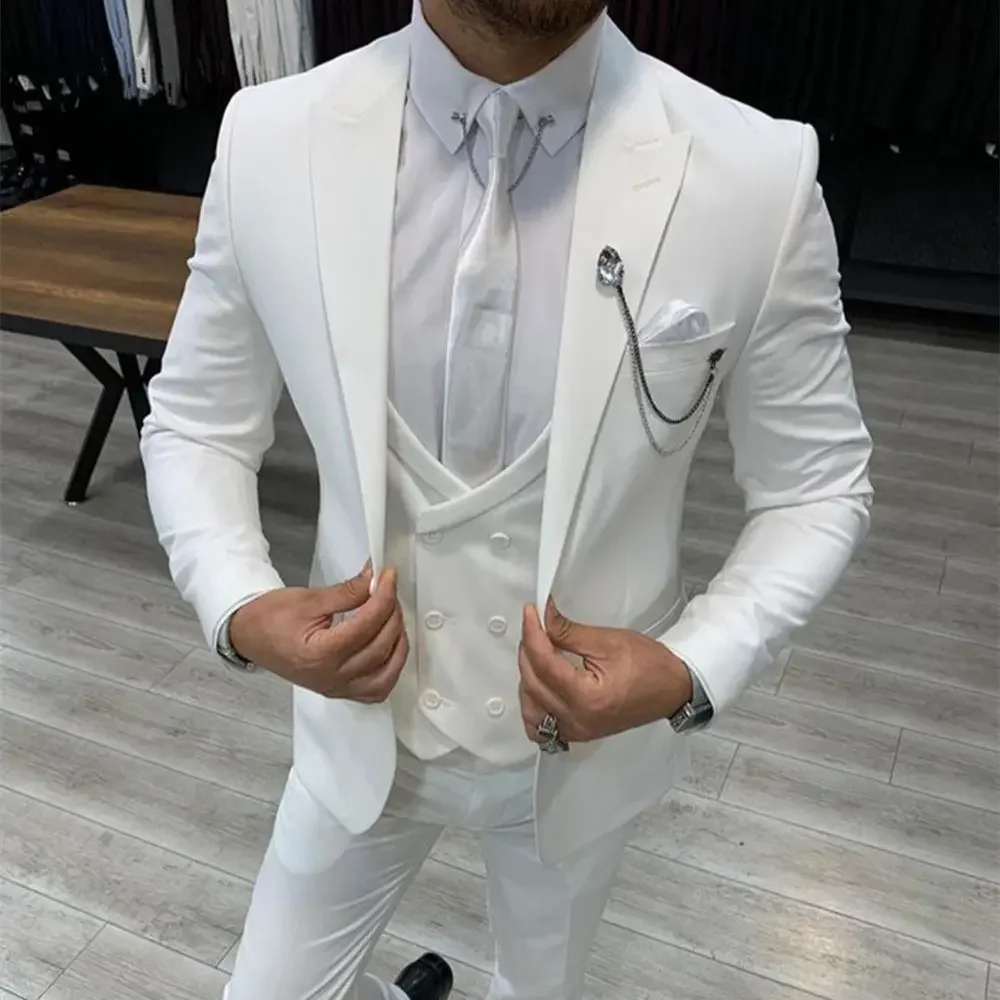 

White Slim Fit Suits for Men Italian Wedding 3 Piece Custom Made Groom Wear Business Peak Lapel Blazer (Jacket + Vest + Pants）