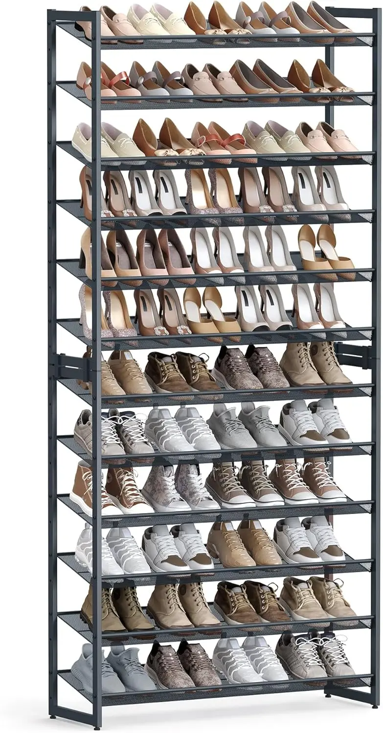 12-Tier Stackable Shoe Rack, Adjustable Metal Storage for Garage Entryway Holds 48-60 Pairs Cool Gray