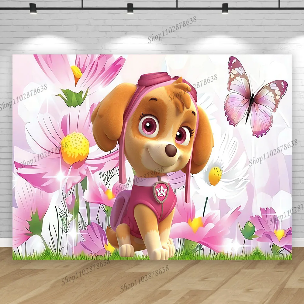 thumbnail image 1 of Fondo para fiesta de cumpleaños de Paw Patrol Skye Everest para niñas de 1, 2 y 3 años, pancarta para estudio fotográfico con flores rosas, póster decorativo, 1 of 5