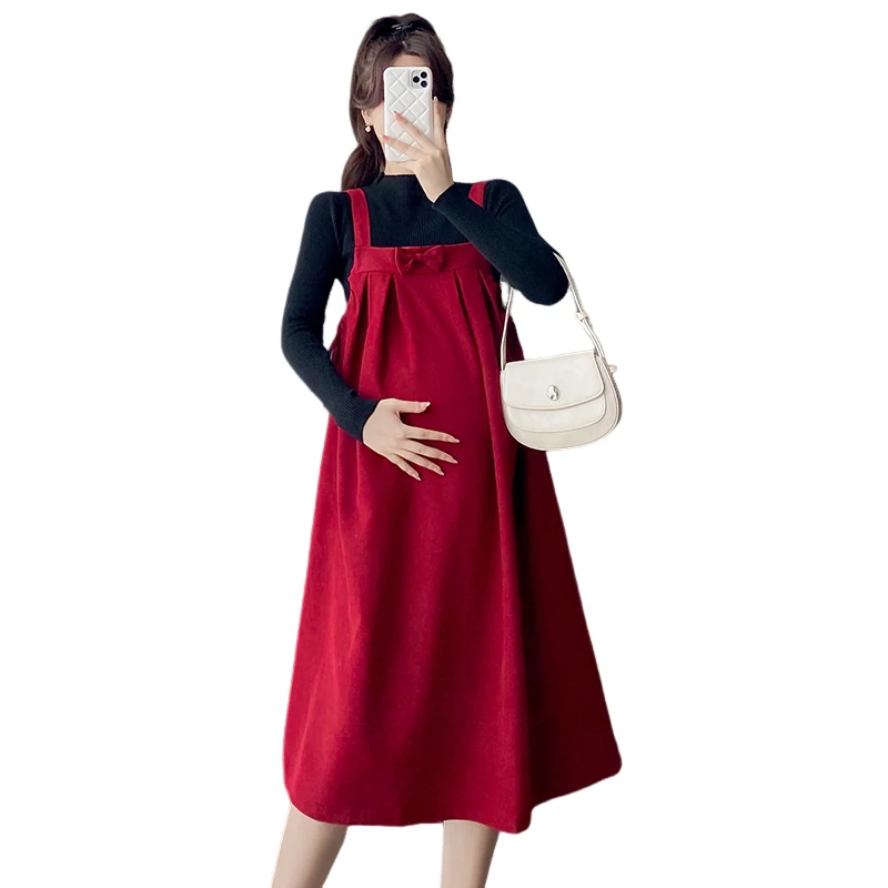 New Year Maternity Dress Red Strap Dress with Bow Plus Size Pregnant Woman Party Sleeveless Pregnancy A-line Dresses womens dresses