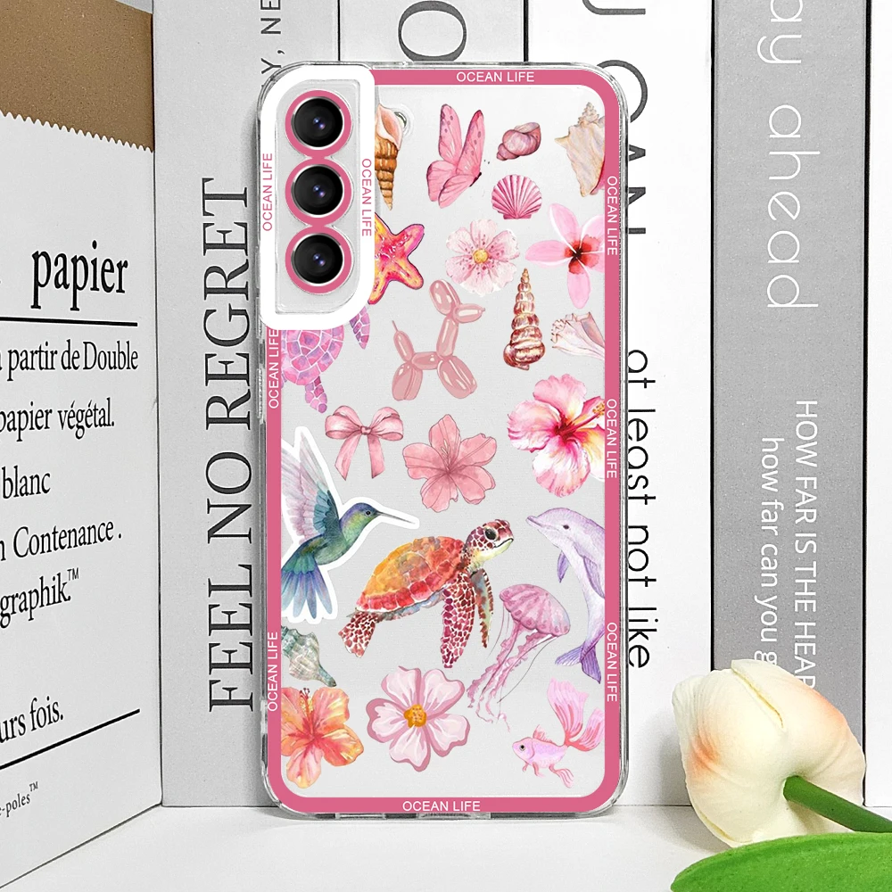 Pink Summer Ocean Turtle & Dolphin Print Clear Phone Case - Soft Protective Cover