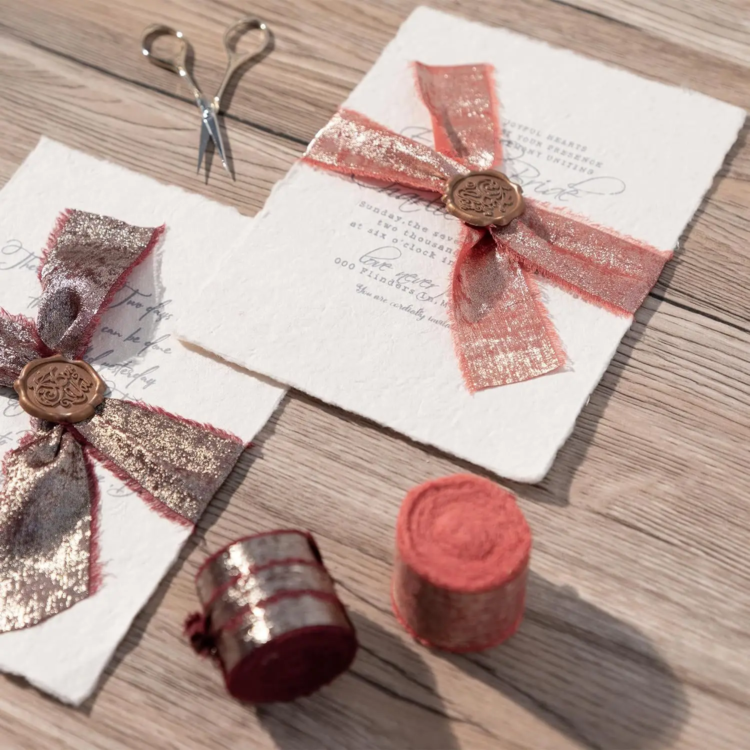 Luxurious Frayed Edged Satin Ribbon with Bronzing - 5 Yards for Elegant Crafts & Special Occasions