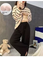 Women's Spwear with Chest Pad Thin Long Sve Striped Home Clothes Two-Piece Set Spring Autumn Winter New Arrival - Image 3