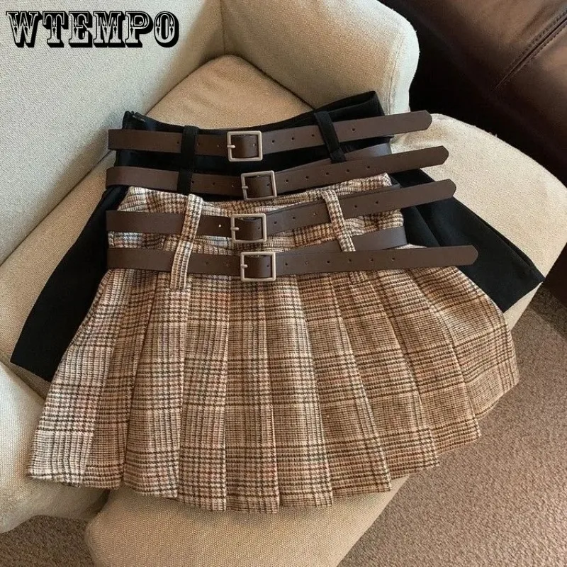 

Юбка-трапеция плиссированная с высокой талией, клетчатый Подарочный пояс цвета хаки, шорты со встроенным ремнем для девушек в стиле ретро/американском стиле, весна-осень