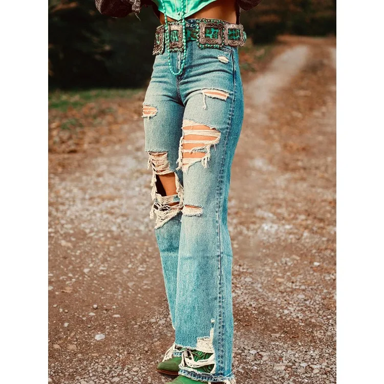 

Vintage Distressed High Waist Holes Jeans Women's Skinny Destroyed Ripped Hole Denim Pants Long Stretch Pencil Jeans
