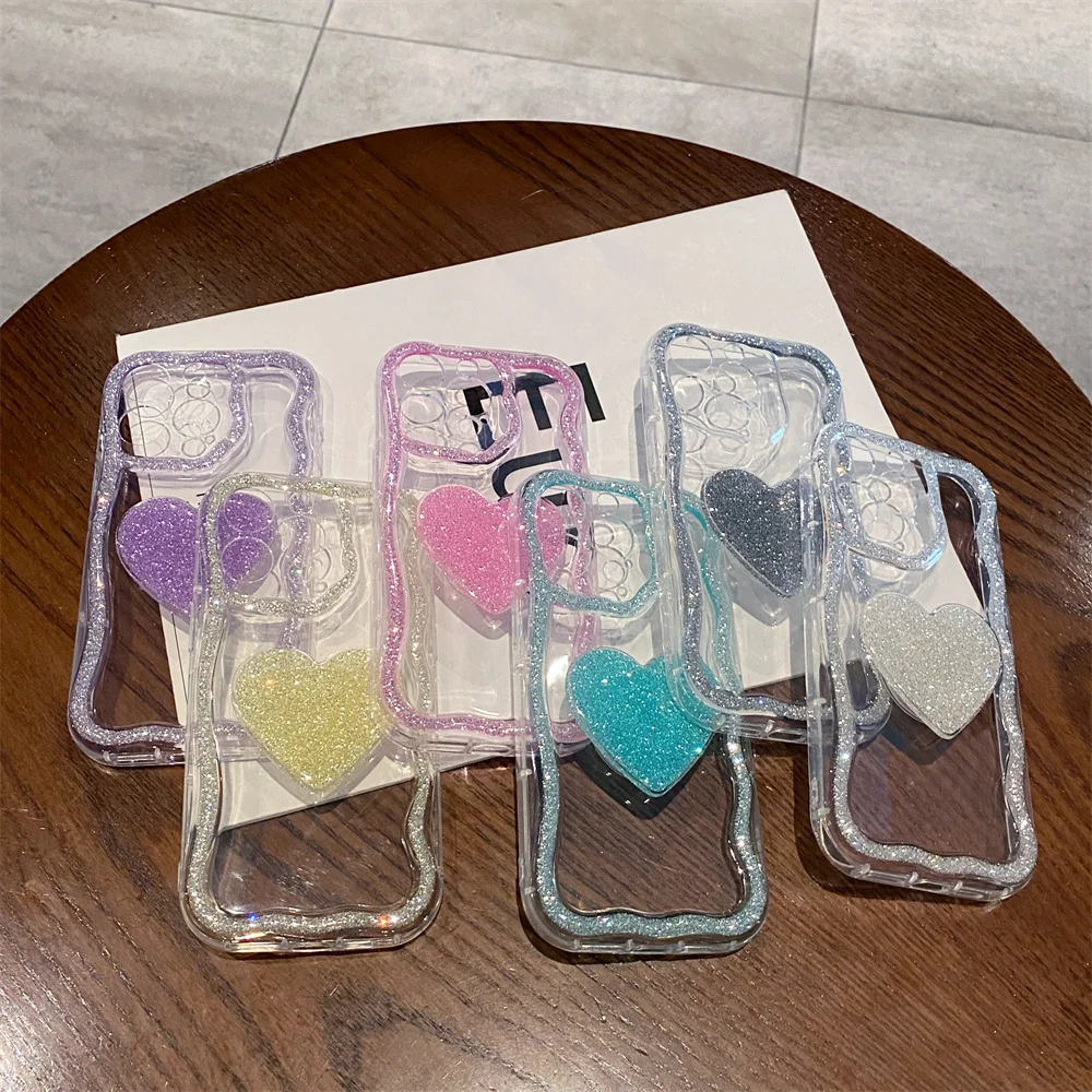 Coque téléphone cœur pailletée avec support pour iphone pro max_voghion.com