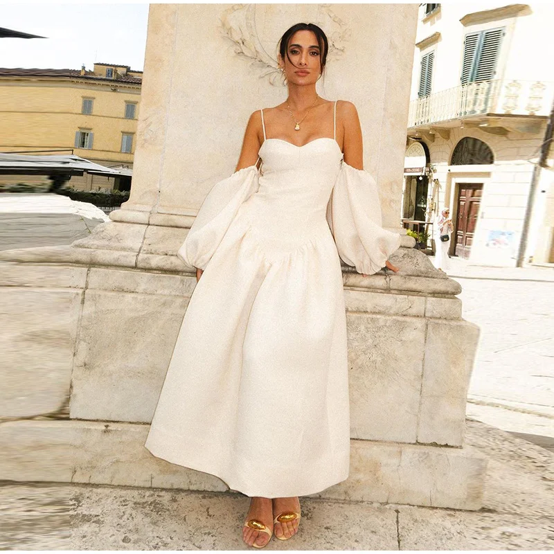 Elegant Puff Sleeve Sling Dresses Women Retro White Slim Fit Tube Dress Female Autumn Summer Versatile Street Party Evening