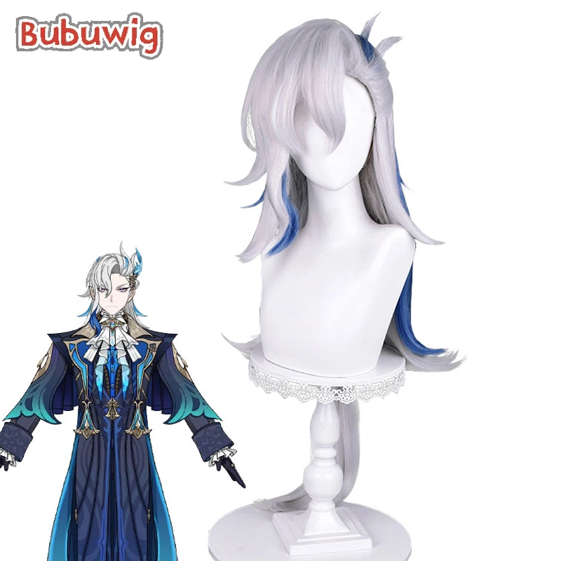 Bubuwig Synthetic Hair Fontaine Neuvillette Cosplay Wigs Genshin Impact 100cm Long Grey Mixed Blue Braided Wig Heat Resistant 2023 new genshin impact women hoodies klee anime cosplay hoodied sweatwear harajuku hoodie clothes tops long sleeve sweatshirt