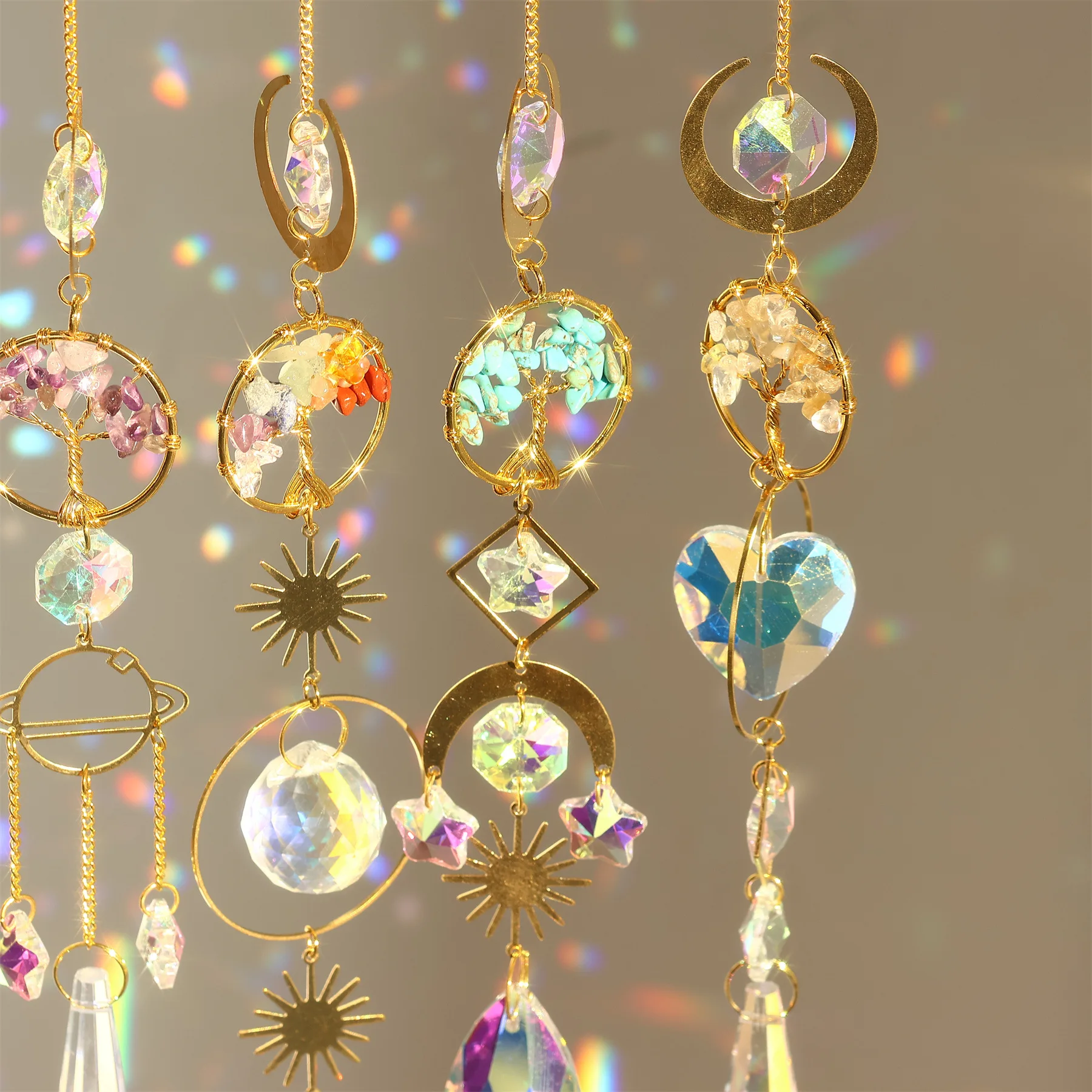 Tree Shape Natural Stone Suncatcher Hanging Prism of Life Sun Catcher Home Outdoor Decorative Pendant Rainbow Maker 41cm