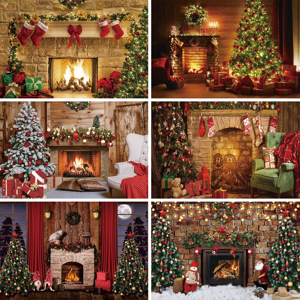 

Laeacco Xmas Tree /Santa /Fireplace Christmas Backdrops for Photography Christmas Party Decoration Backdrop For Photo Studio