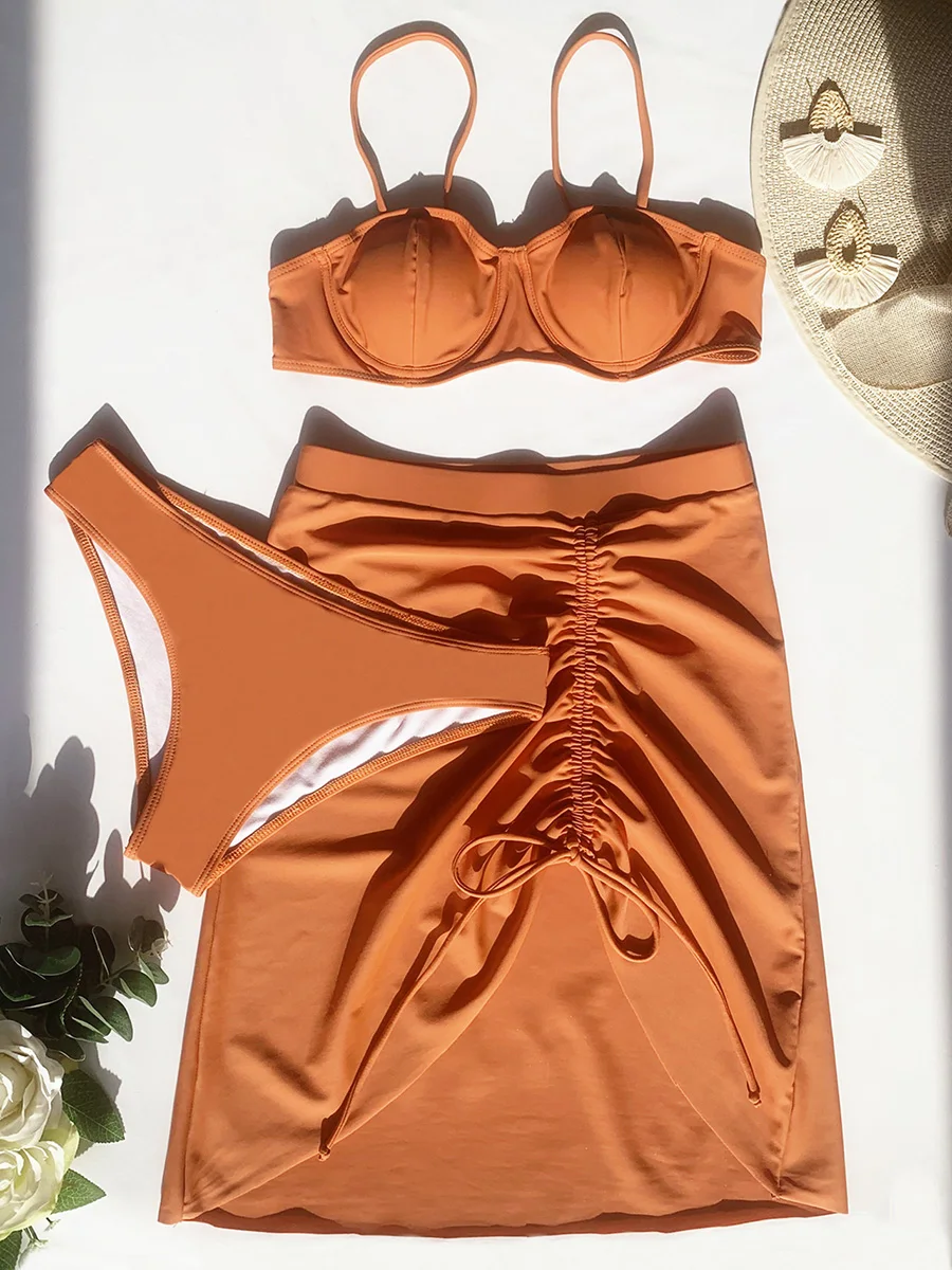 With Beach Skirt Underwired Brazilian Bikini Female Swimsuit Women Swimwear Three-pieces Bikini Set Push Up Bathing Suit Swim