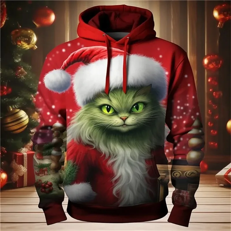 Cat Christmas Hoodies Men Christmas Animal Print Long Sleeve Sweatshirt Autumn Winter Men Clothing Fashion Holiday Casual Tops