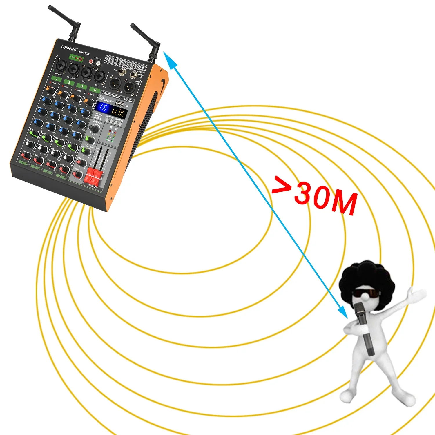 Wireless Microphone Audio Mixer 4 Channel Mixing Console 16 Effect Bluetooth Sound Audio Mixer 2 Adjustable Frequency Wireless Microphone AM-AKS2