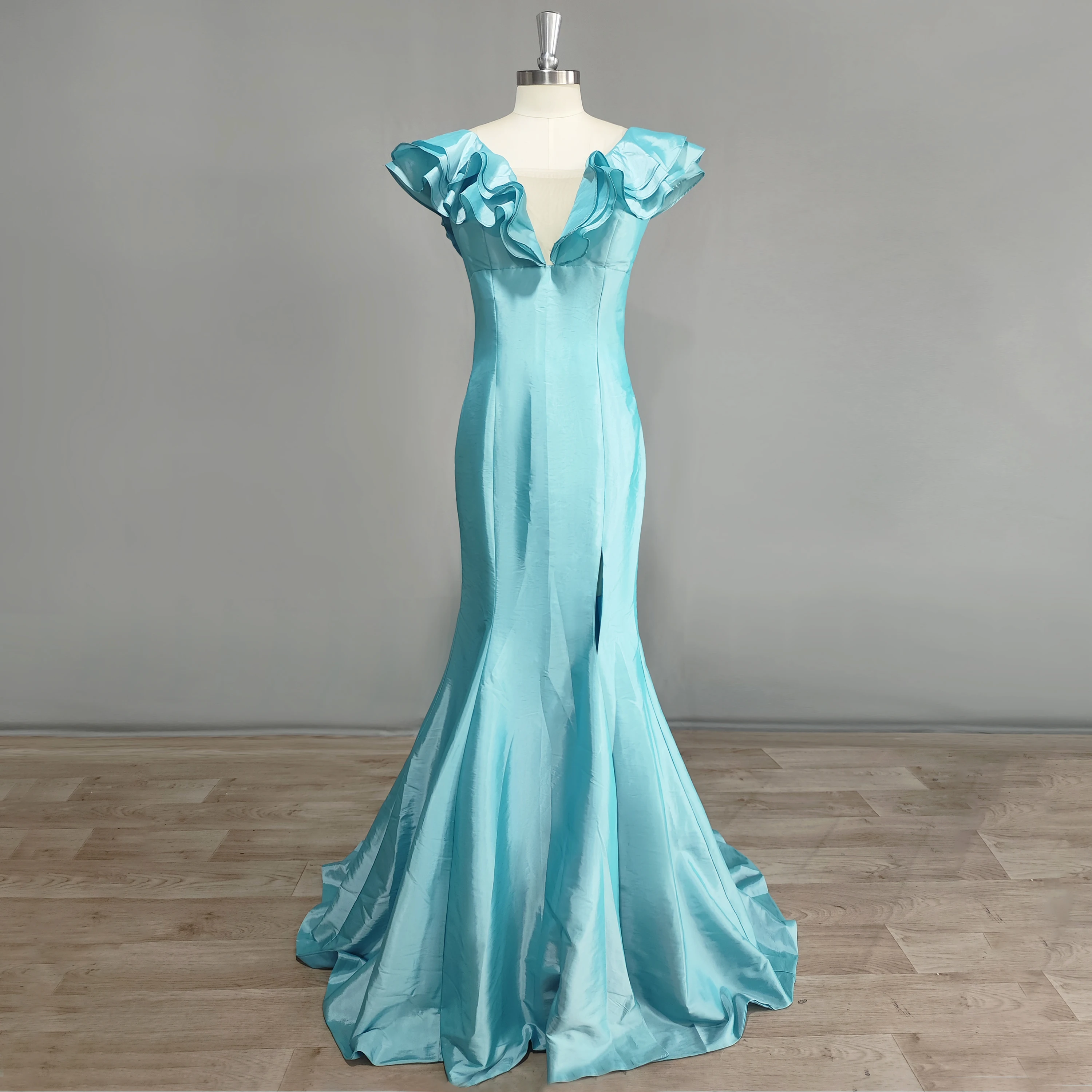 

DIDEYTTAWL Real Photos Deep V Neck Satin Mermaid Evening Dress Ruffles High Side Slit Sweep Train Simple Prom Gown